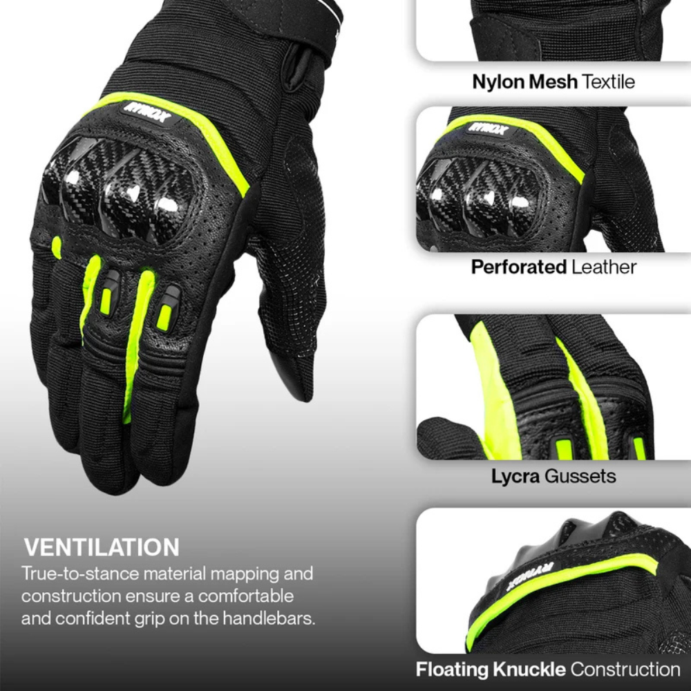 Black motorcycle gloves with bright neon yellow-green accents, shown on a white-to-gray gradient background with feature callouts including nylon mesh textile, perforated leather, Lycra gussets, and floating knuckle construction.