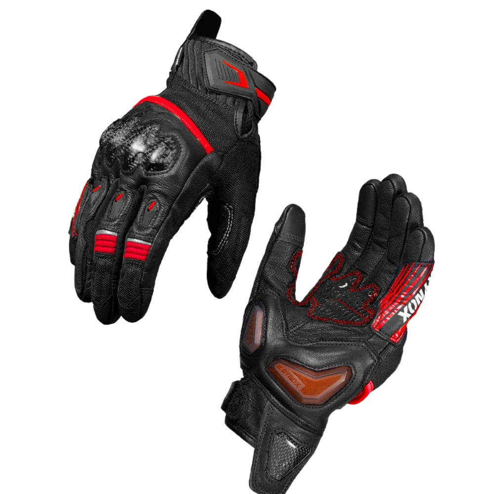 Rynox Tornado Pro 5 motorcycle gloves in black and red with carbon-fibre knuckle protection