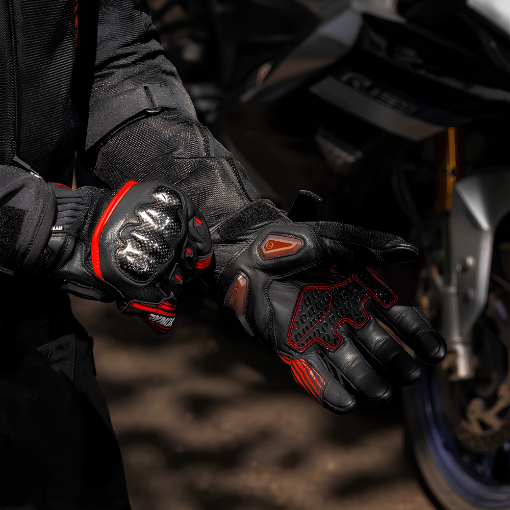 Rynox Tornado Pro 5 sport touring gloves in black and red with ventilated mesh panels