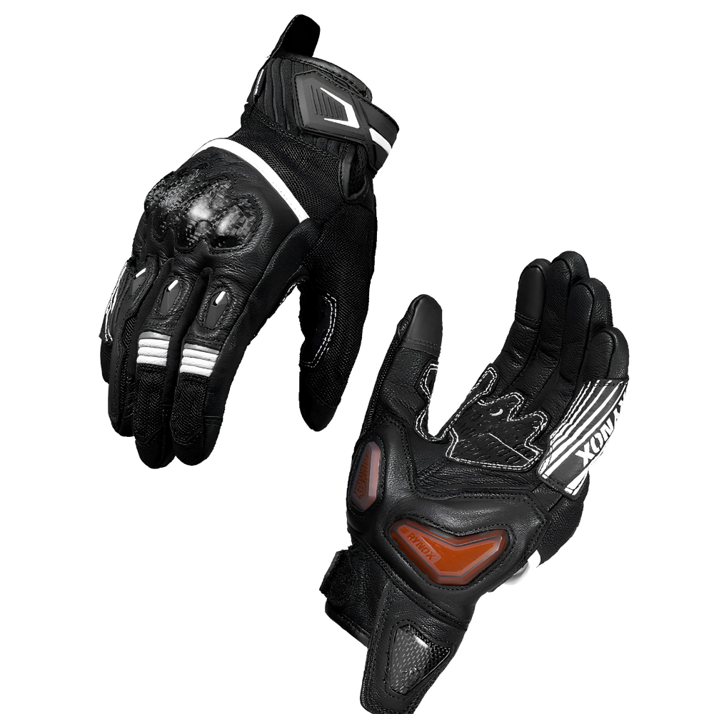 Rynox Tornado Pro 5 motorcycle gloves in black and white with carbon-fibre knuckle protection