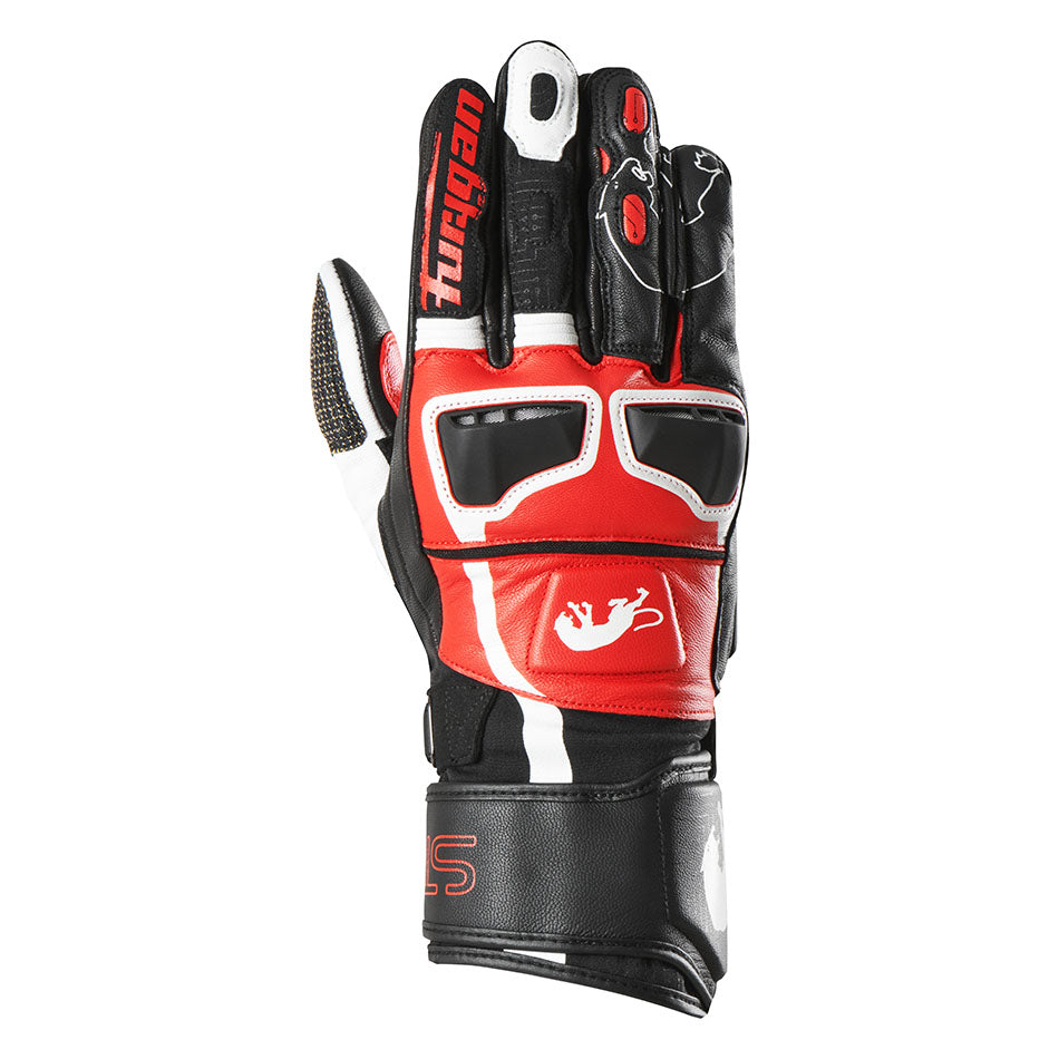 Black and red motorcycle glove with brand logo on a white background