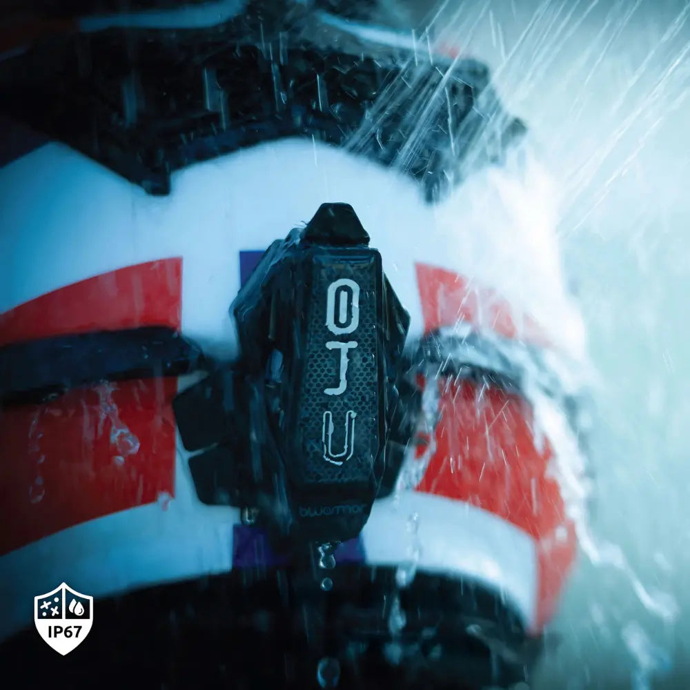 The BluArmor C40 helmet communication system with IP67 waterproof rating and 360-degree app control.