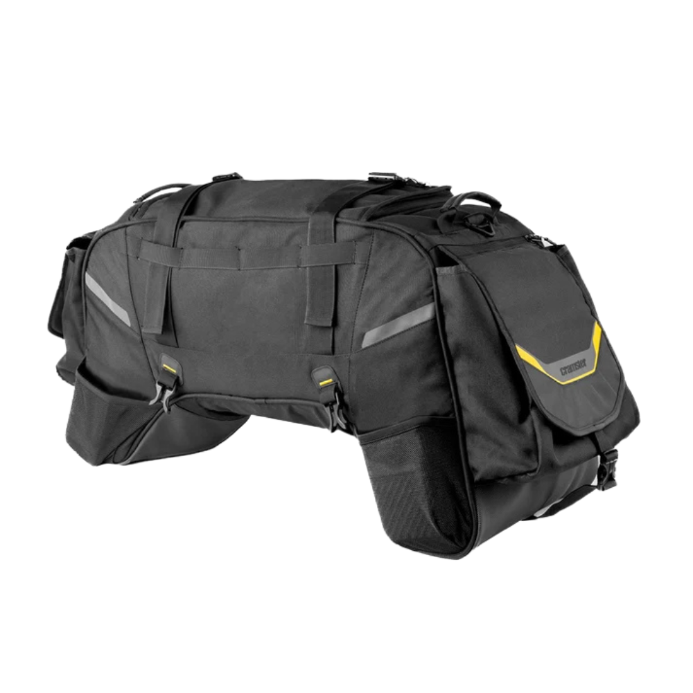 Cramster Grab Tail Bag 75L showing internal dry bags and multiple storage compartments