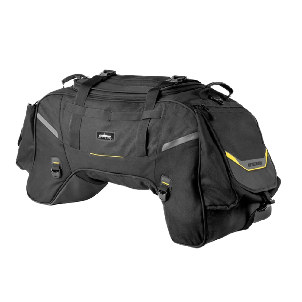 Cramster Grab Tail Bag 75L mounted on a motorcycle tail with rain cover