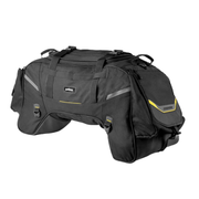 Cramster Grab Tail Bag 75L mounted on a motorcycle tail with rain cover