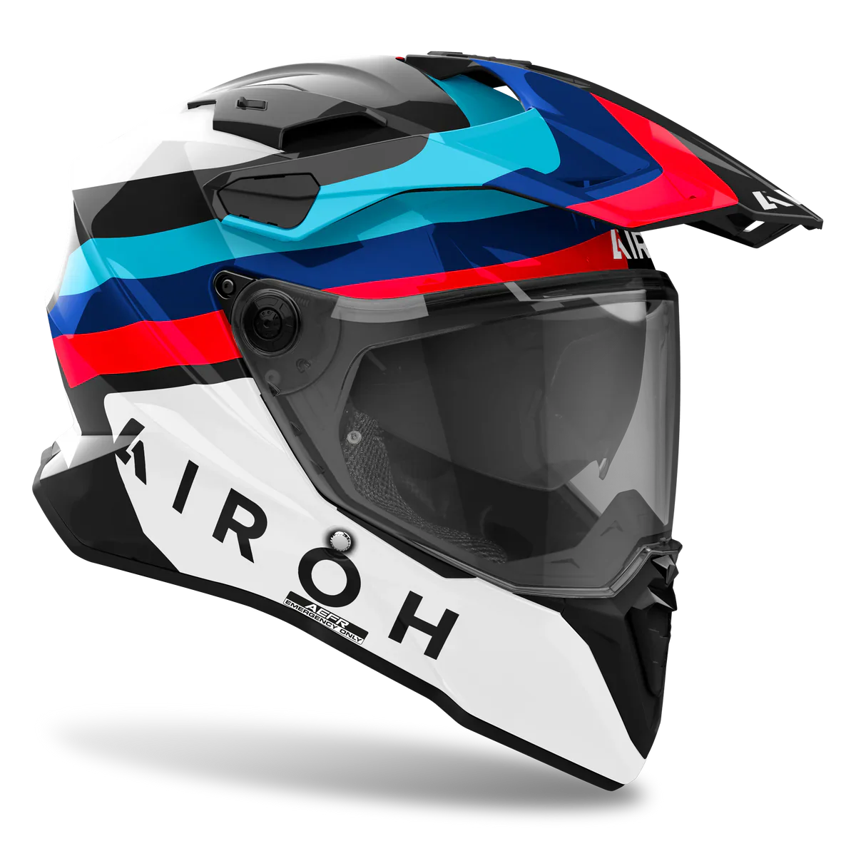 Colorful motorcycle helmet with 'MIROH' branding on a white background