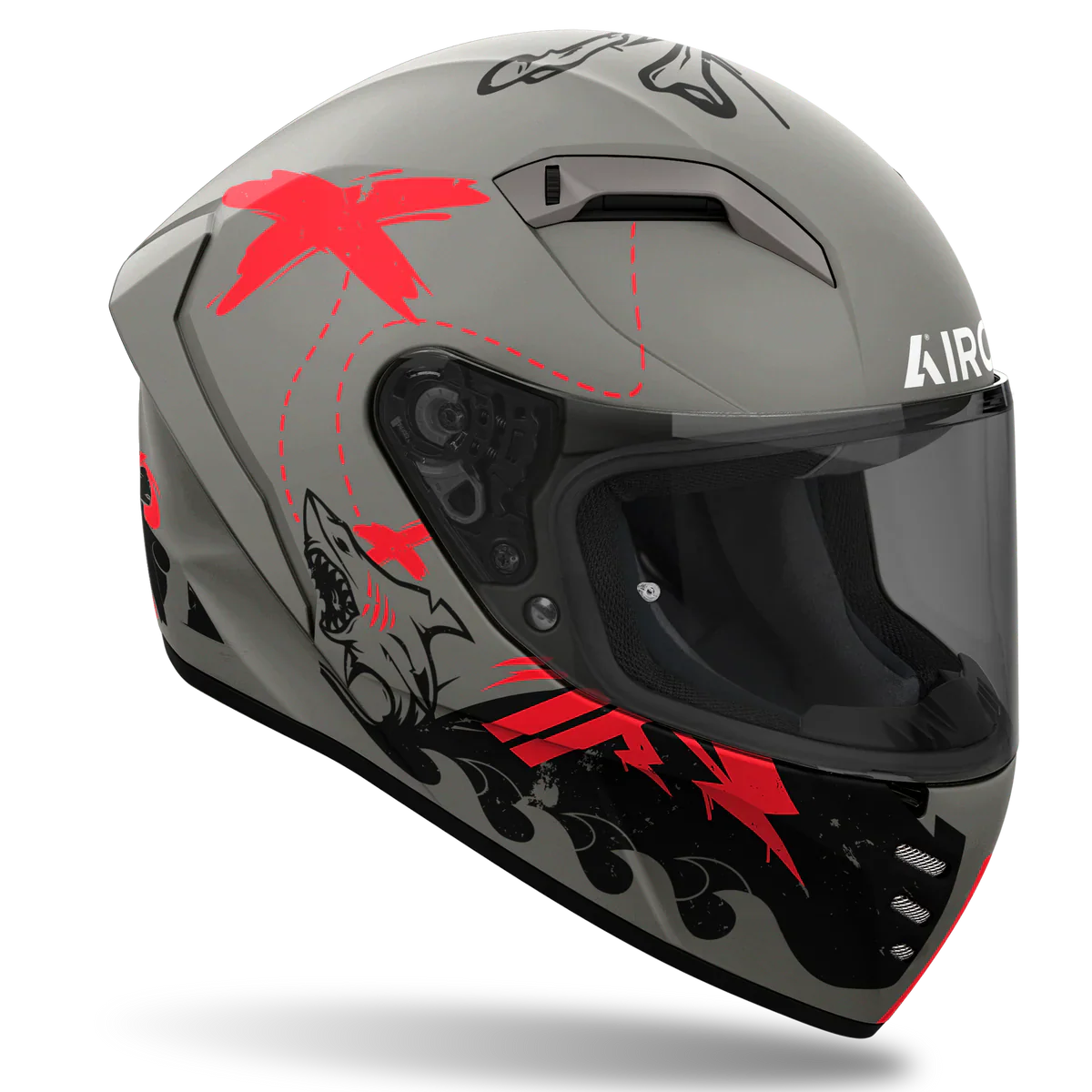 Gray motorcycle helmet with red and black designs on a white background