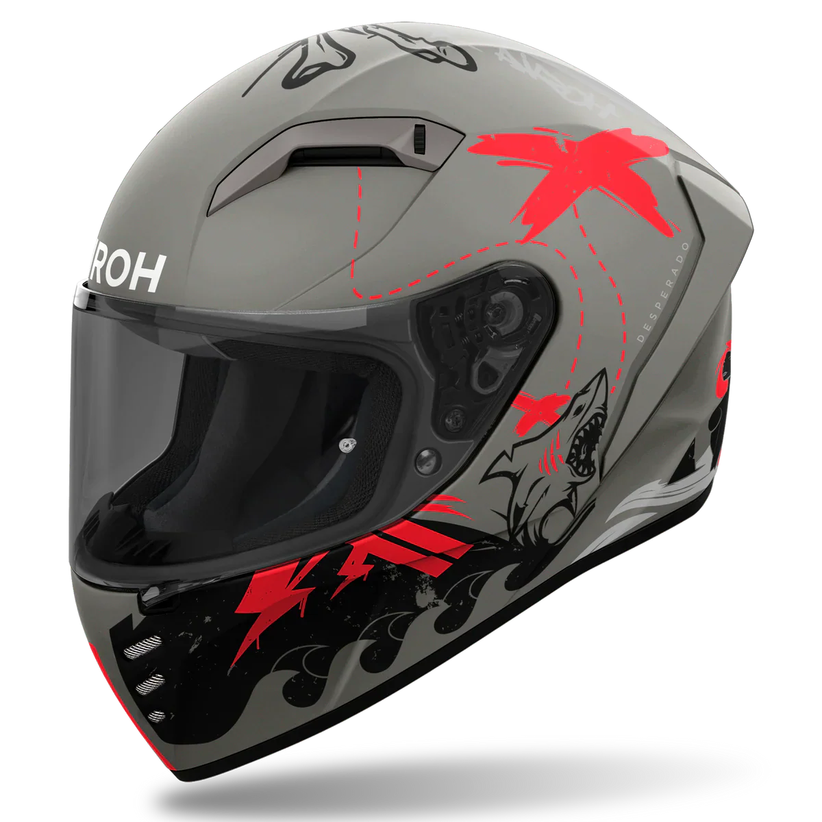 Gray motorcycle helmet with red and black designs on a white background