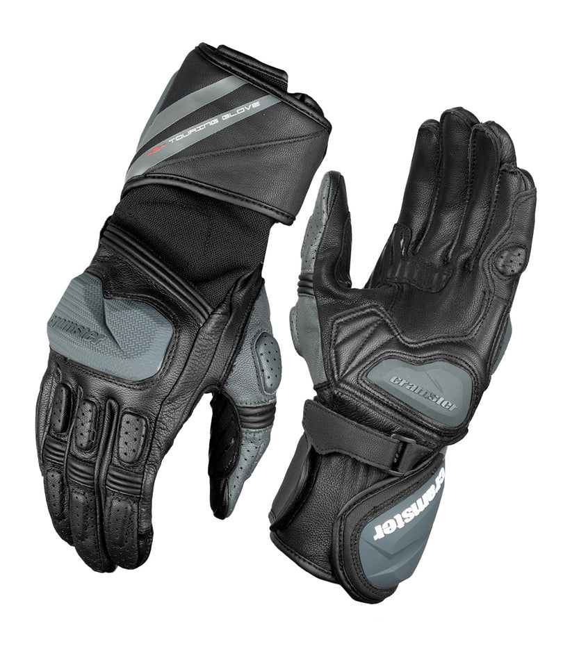 Cramster K2K Black Grey gloves for motorcycle riders, designed for comfort, grip, and impact protection.