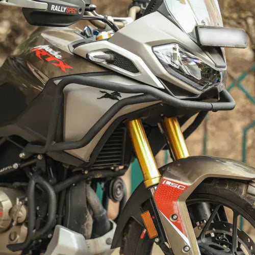 Front view of crash guard for TVS Apache RTX 300