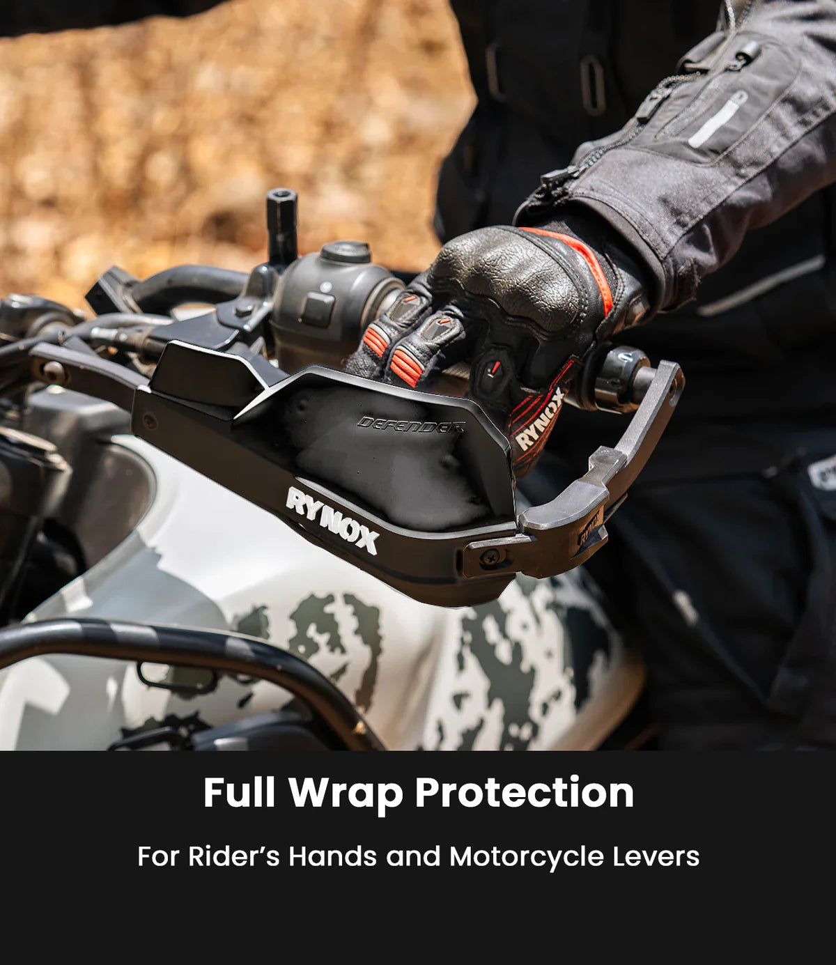 Rynox Defender Pro handguards – impact protection, wind deflection, durable mounting for motorcycle riding