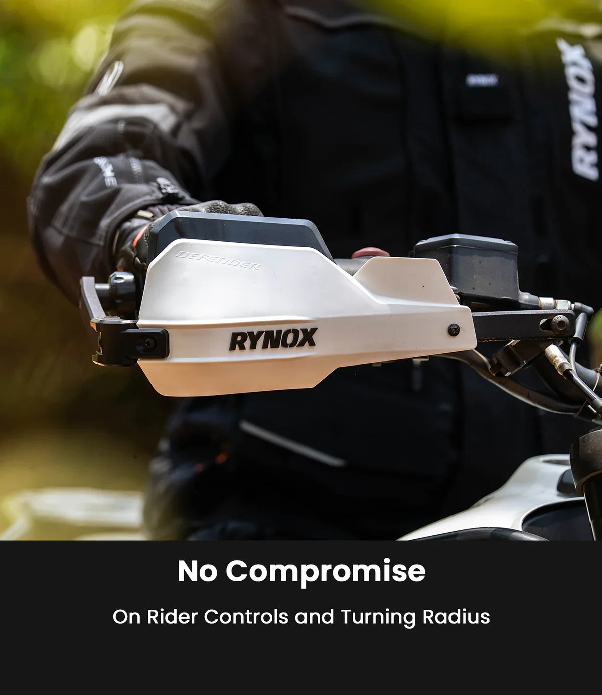 Rynox motorcycle handlebar guard with a blurred background