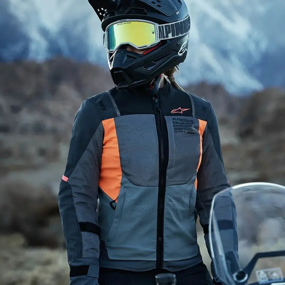 Alpinestars Stella ST-2 Air dark gray and fluo coral riding jacket front view at 6KIOM (6K)