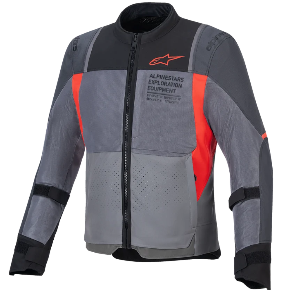 Alpinestars motorcycle jacket in gray and black with bright orange-red side panels and a black front zipper, shown on a plain white background.