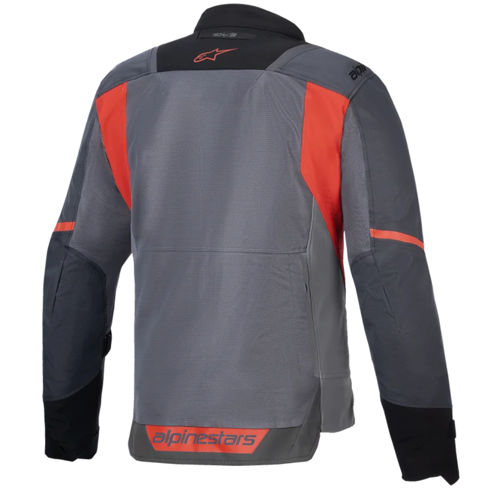 Alpinestars grey and orange motorcycle jacket shown from the back, featuring a dark grey body with bright orange side panels and black lower back/cuffs.
