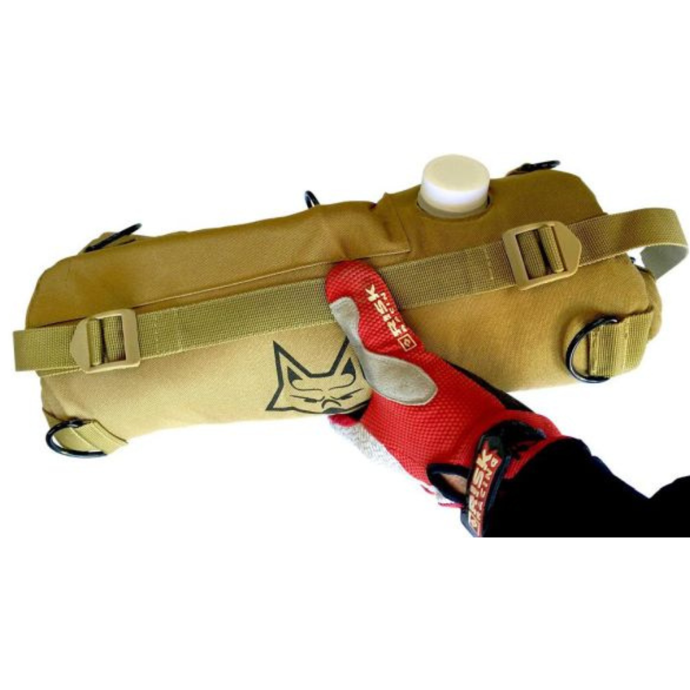 Desert Fox Overland 6L foldable fuel cell strapped on top of motorcycle luggage at 6kiom (6k)