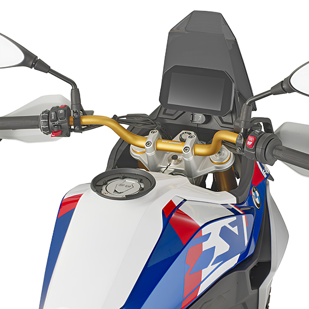 Close-up of a BMW adventure motorcycle handlebar area, showing BF102 Tanklock Flange - GIVI