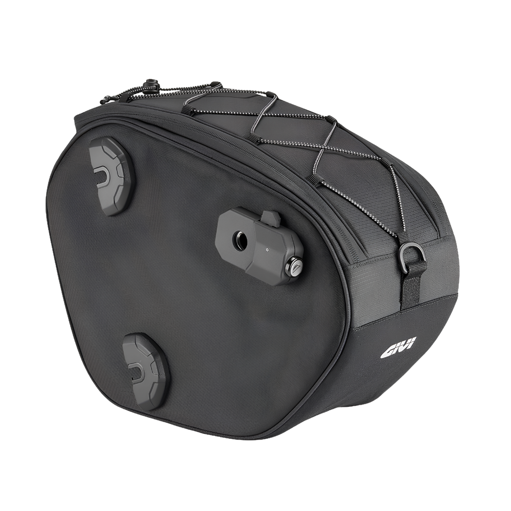 Close-up of the Givi EASY12 18L soft side bag and its stealth mounting system at 6KIOM (6K).