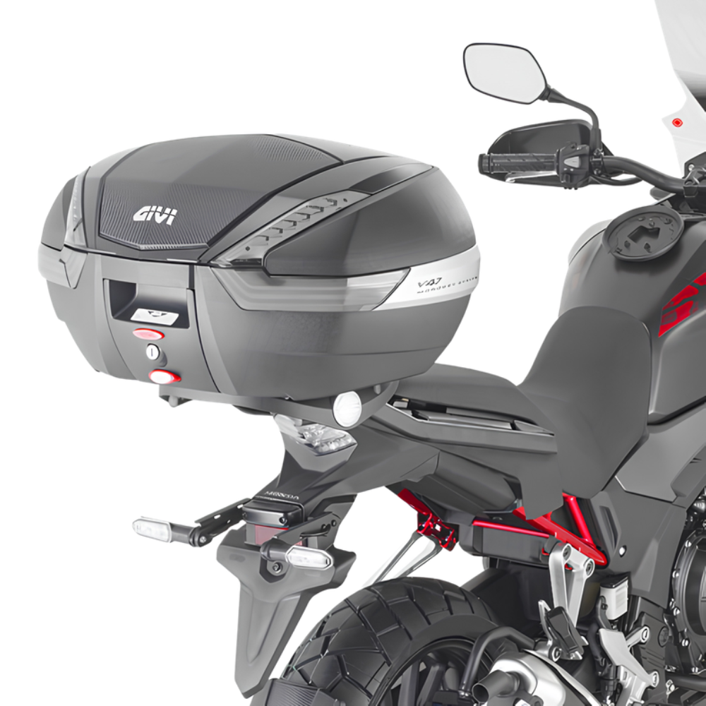 A black Givi motorcycle top box mounted on the SR1171 top rack fitted to a Honda NX500 E-Clutch motorcycle