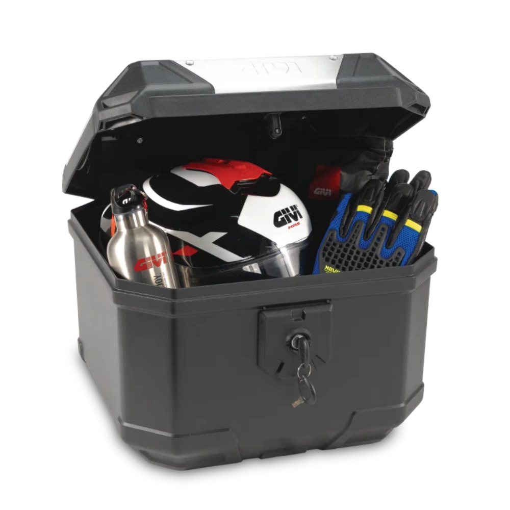 GIVI U37A Ultimo Plus 37 litre motorcycle top box. Inside, a white, red, and black motorcycle helmet, a silver water bottle, and a pair of black and blue gloves are stored.