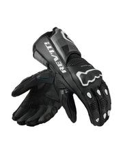 Black motorcycle gloves with brand logo on a white background