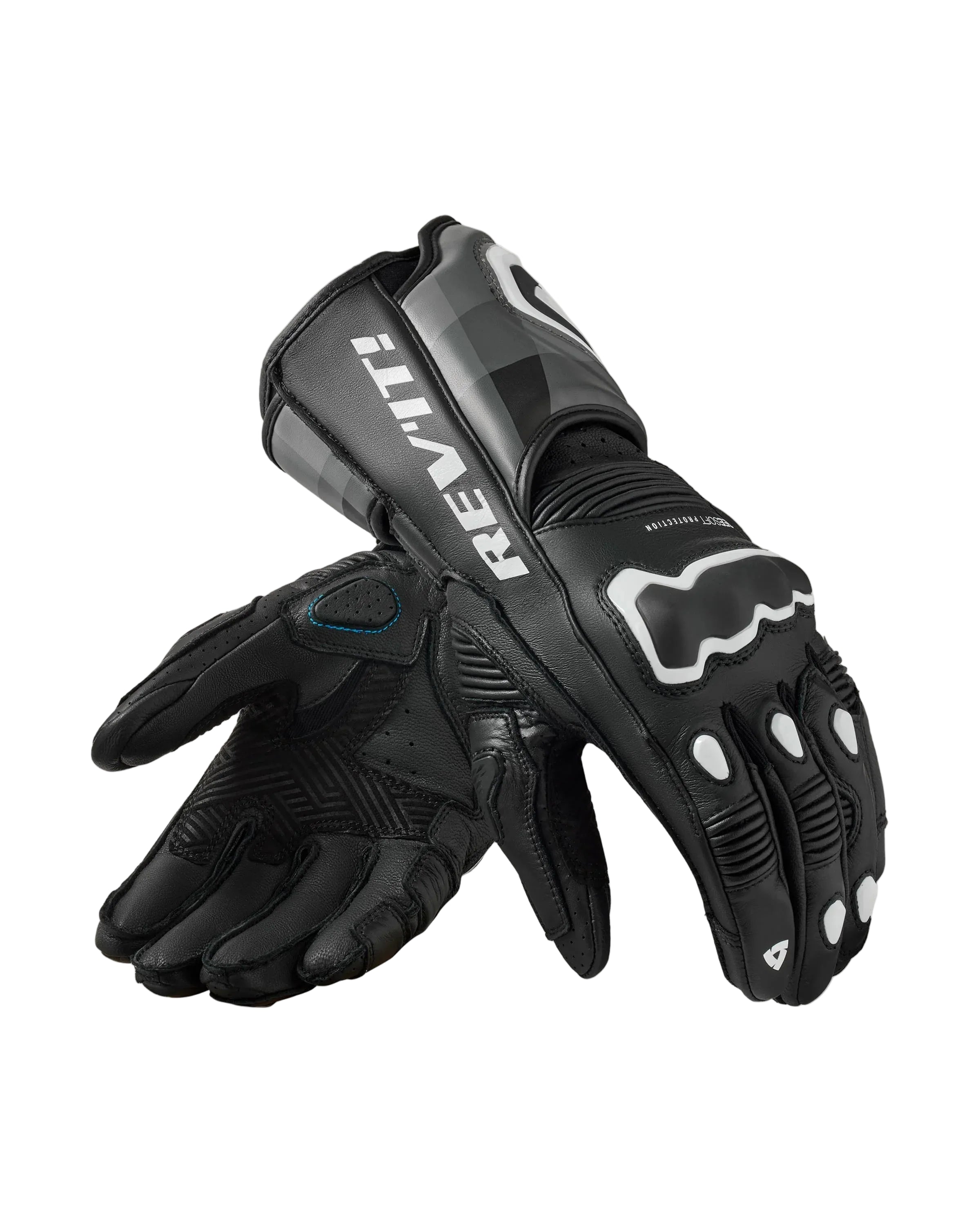 Black motorcycle gloves with brand logo on a white background