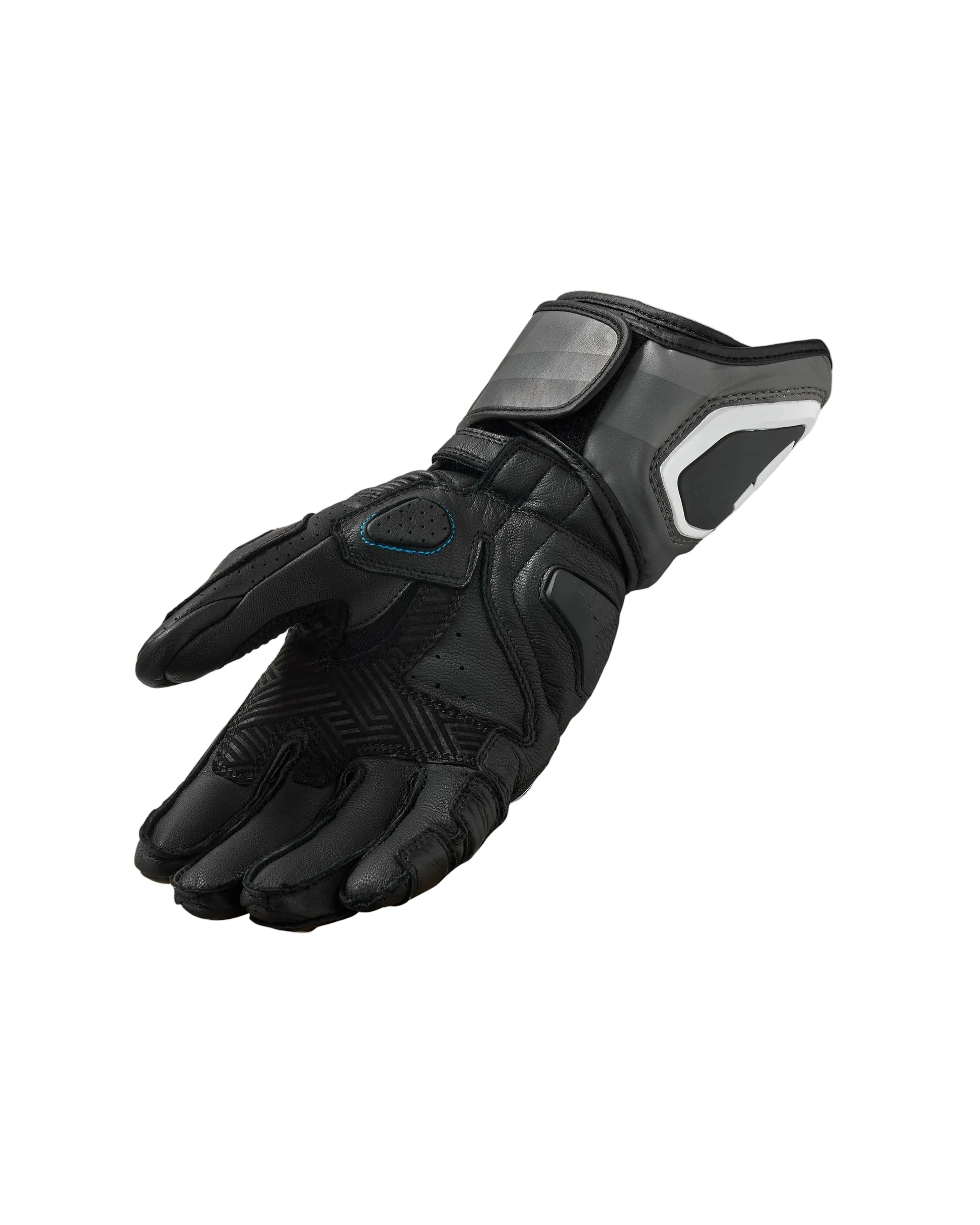 Black motorcycle glove with gray accents on a light gray background