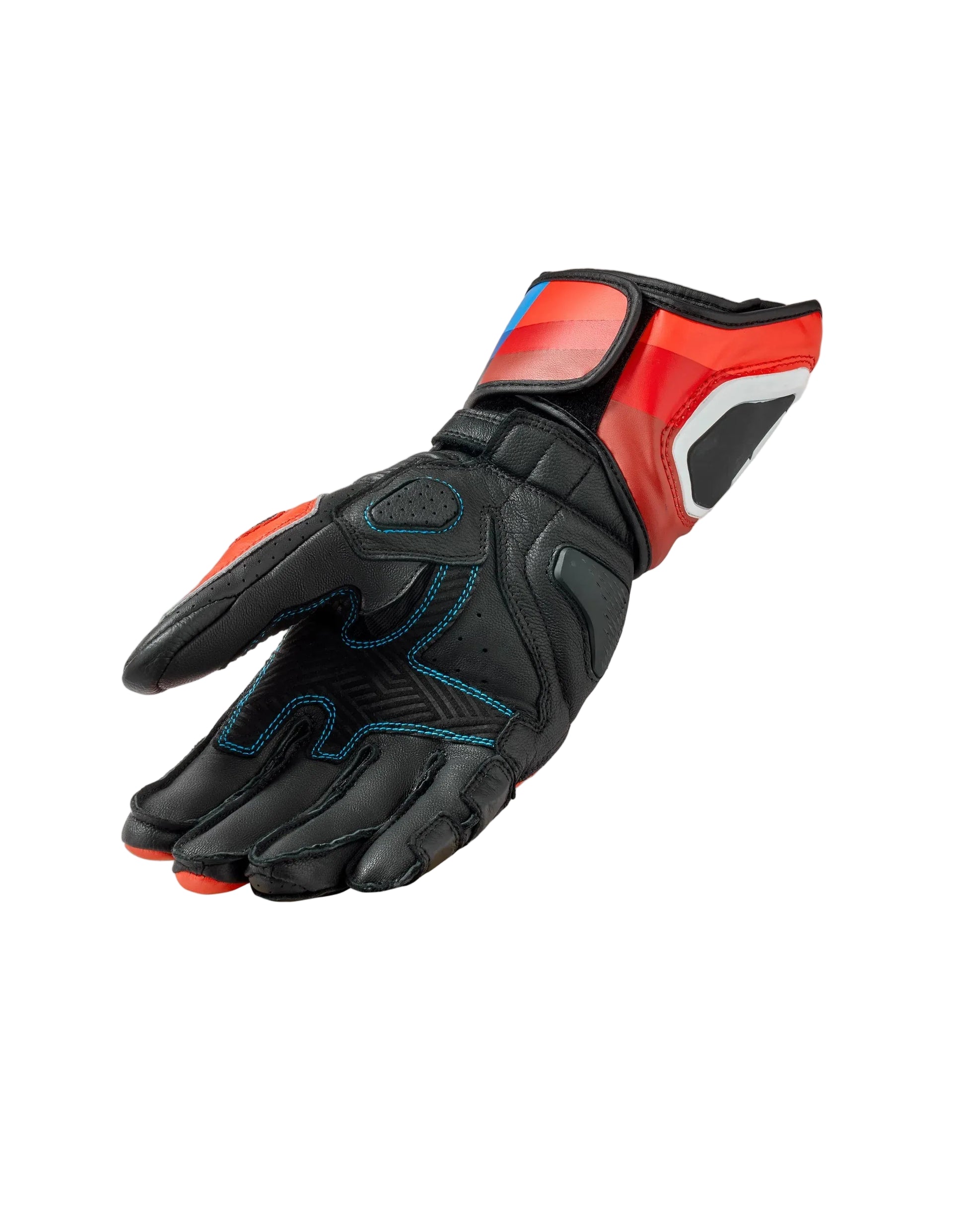 Black and red motorcycle glove on a light gray background