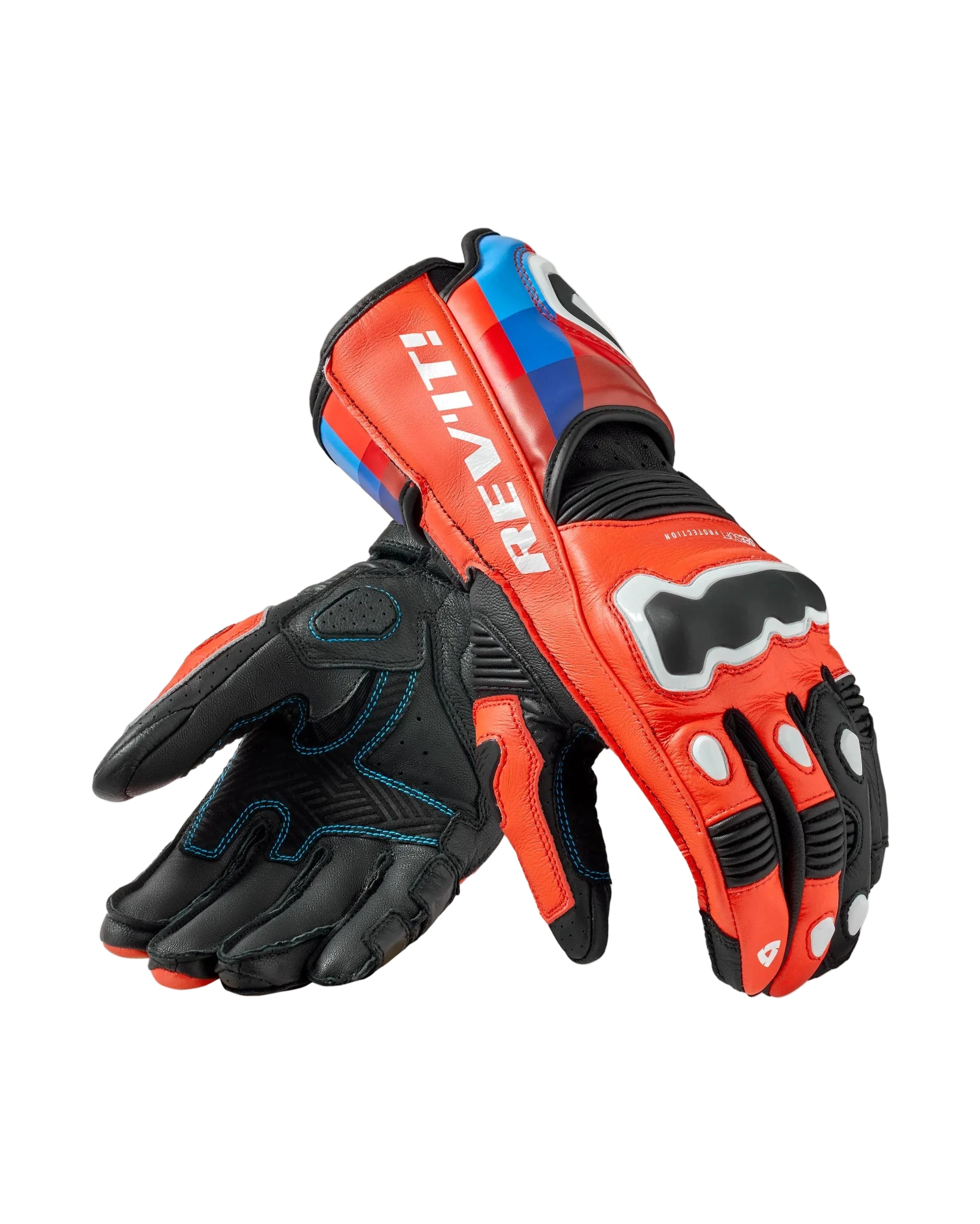 Pair of red and black gloves with 'REV'IT' branding on a white background