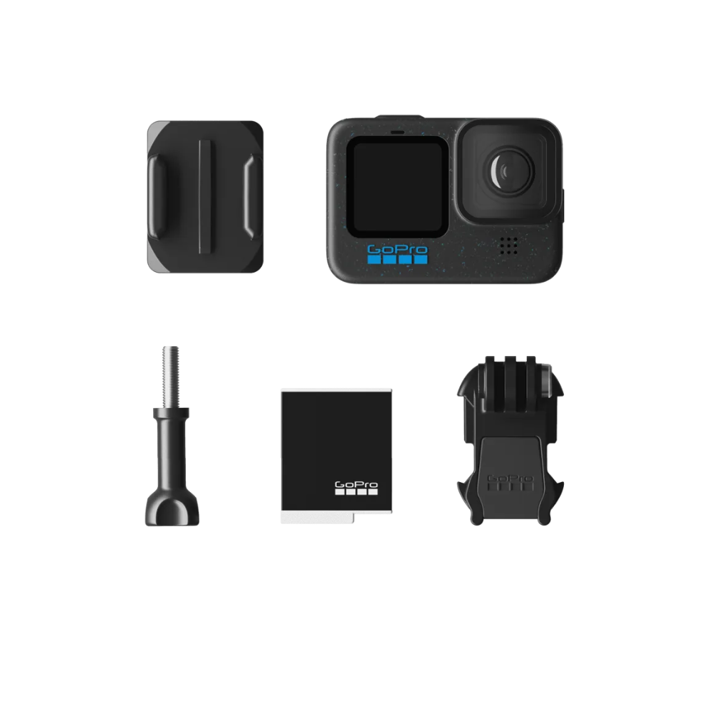 GoPro camera with various accessories on a white background
