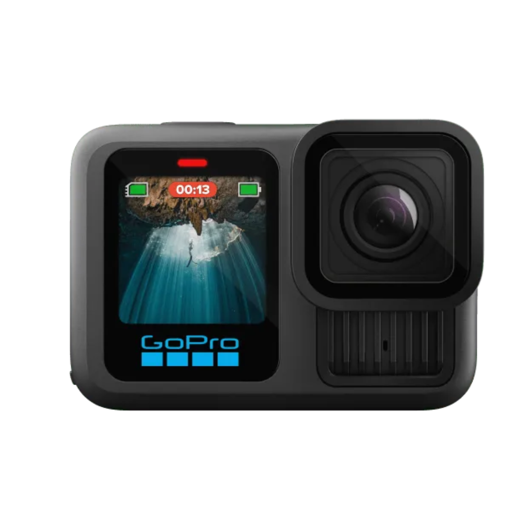 GoPro action camera in black with a front screen showing an underwater scene and the GoPro logo at the bottom, photographed on a plain white background.