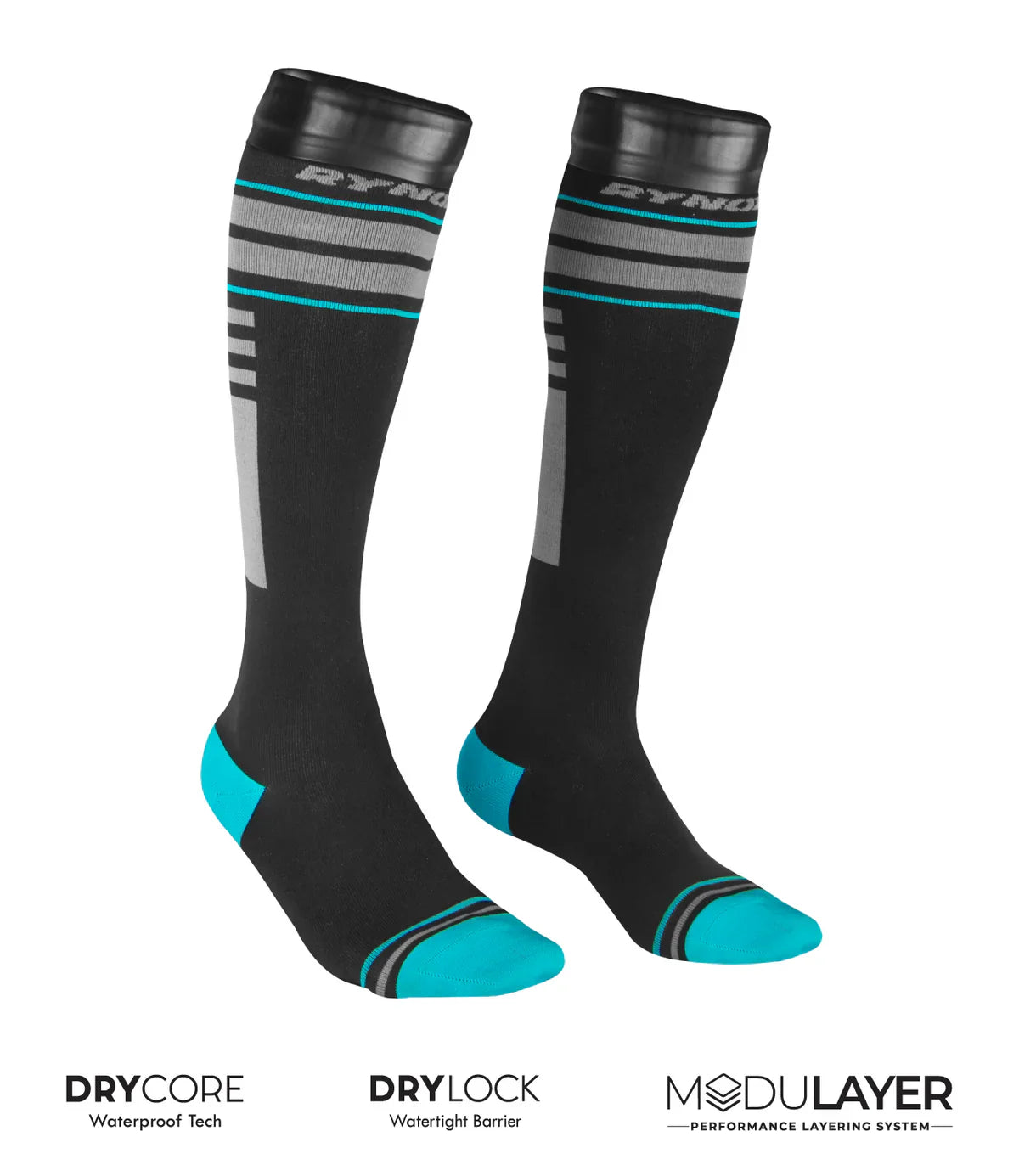 Black socks with blue accents and gray stripes on a white background, featuring Drycore, Drylock, and Modulayer logos.