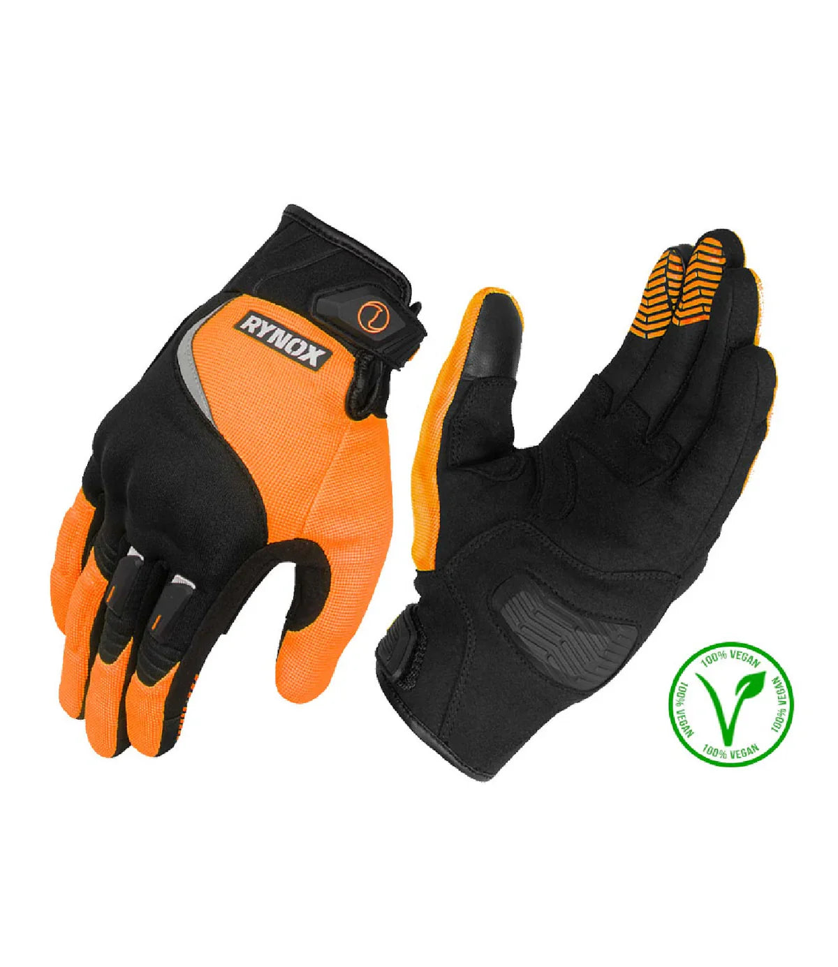 Pair of black and orange gloves with Rynox branding on a white background