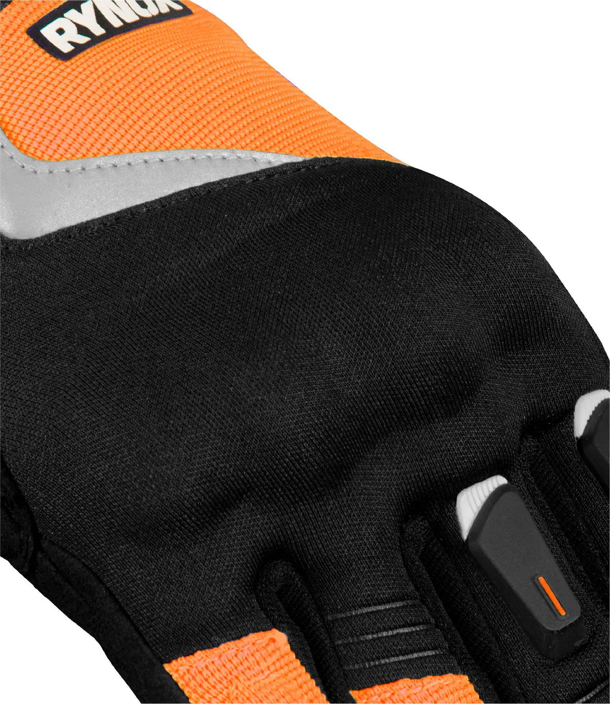Close-up of a black and orange glove with Ryno branding on a white background