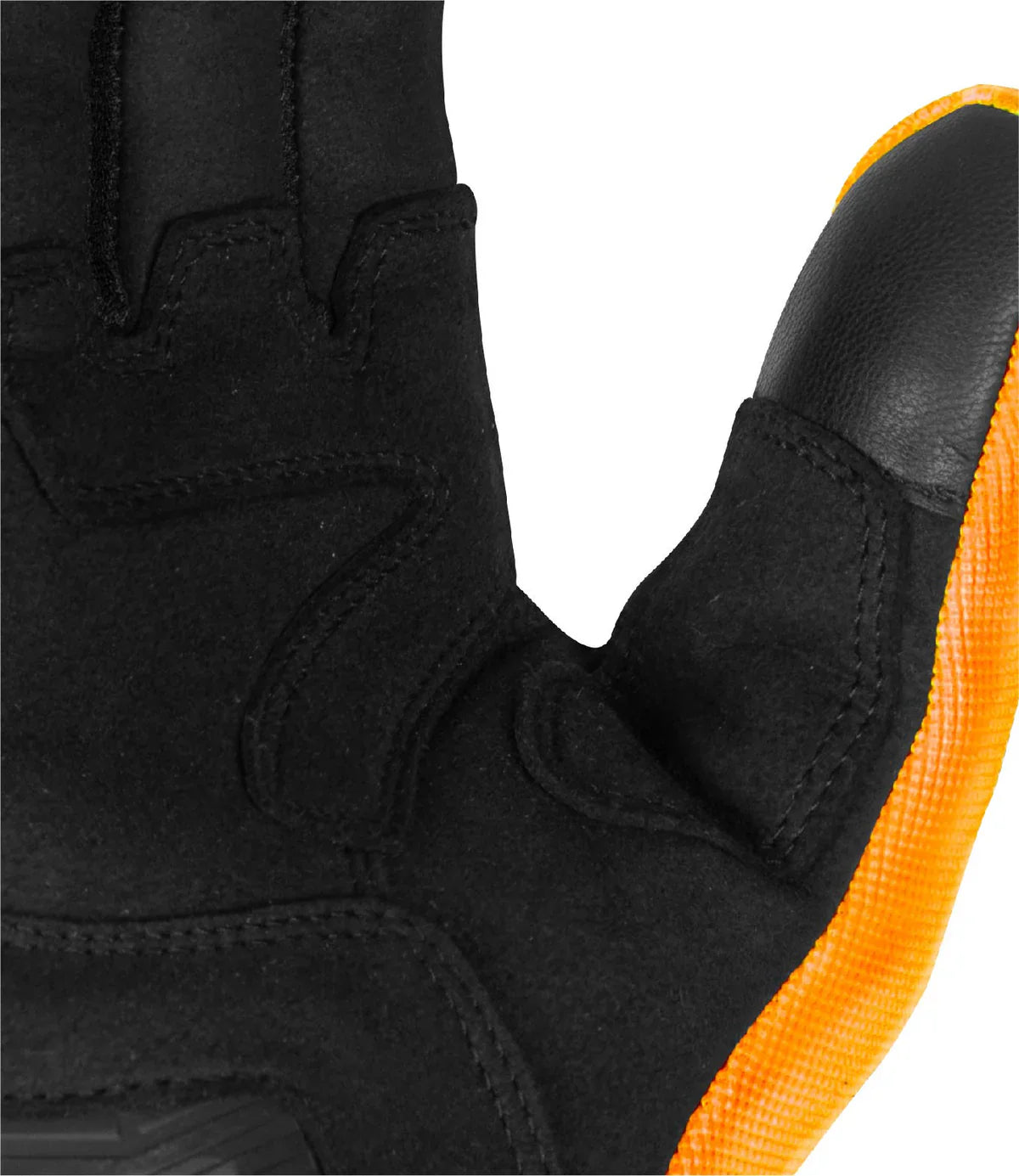 Close-up of a black glove with orange accents on a white background