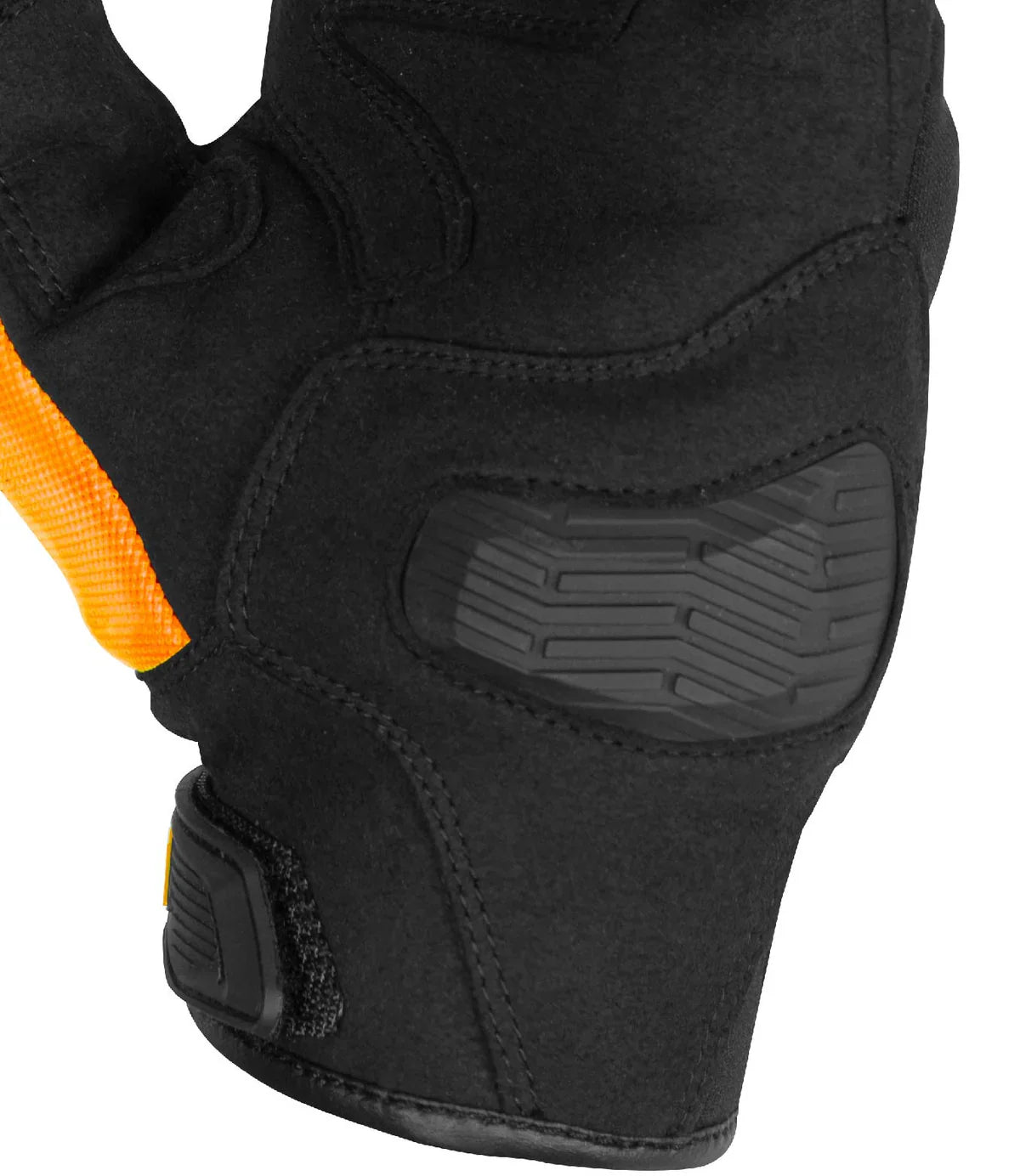 Black protective glove with orange accents on a white background