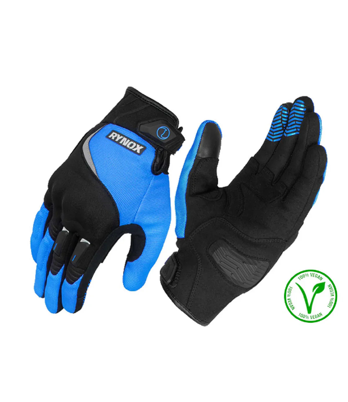 Black and blue gloves with Rynox branding on a white background