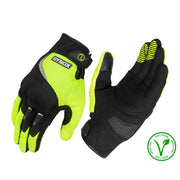 Pair of black and neon green gloves with Rynox branding on a white background.