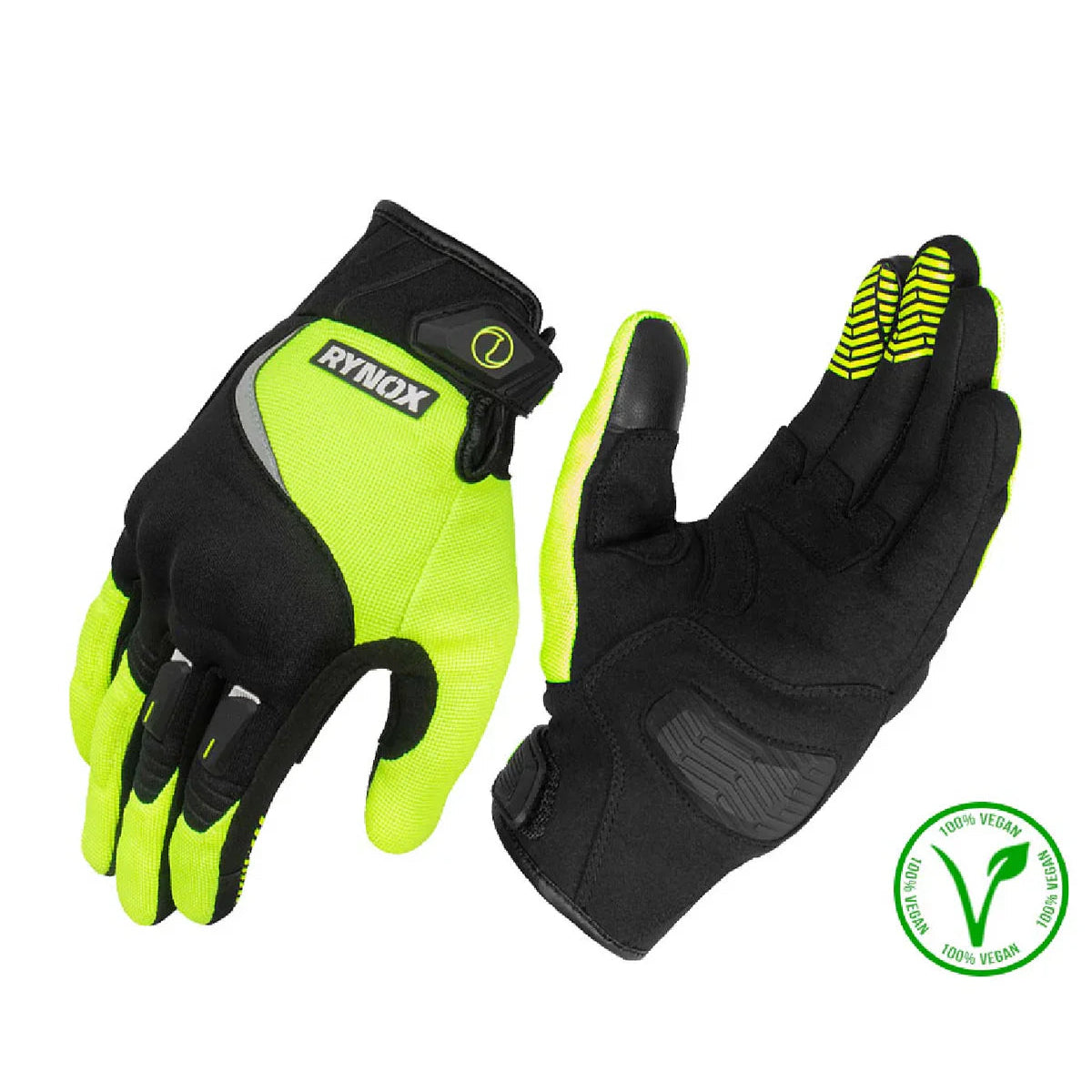 Pair of black and neon green gloves with Rynox branding on a white background.
