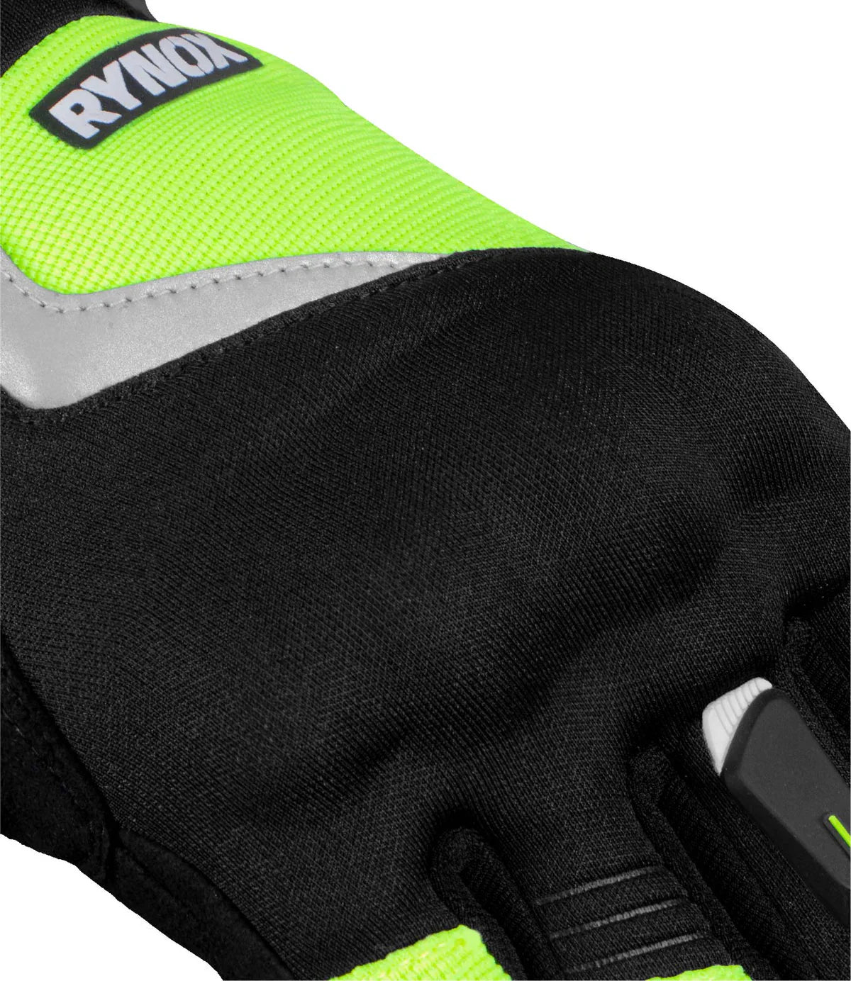 Close-up of a black glove with green accents and 'Rynox' branding on a white background