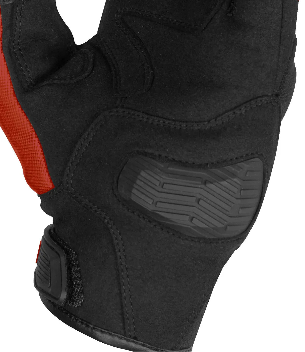 Black protective glove with red accent on a white background