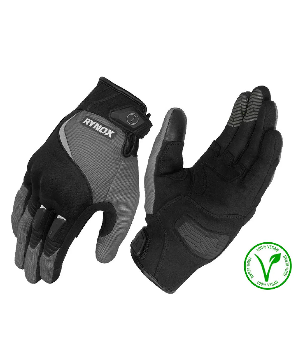 Pair of black and gray gloves with Rynox branding on a white background