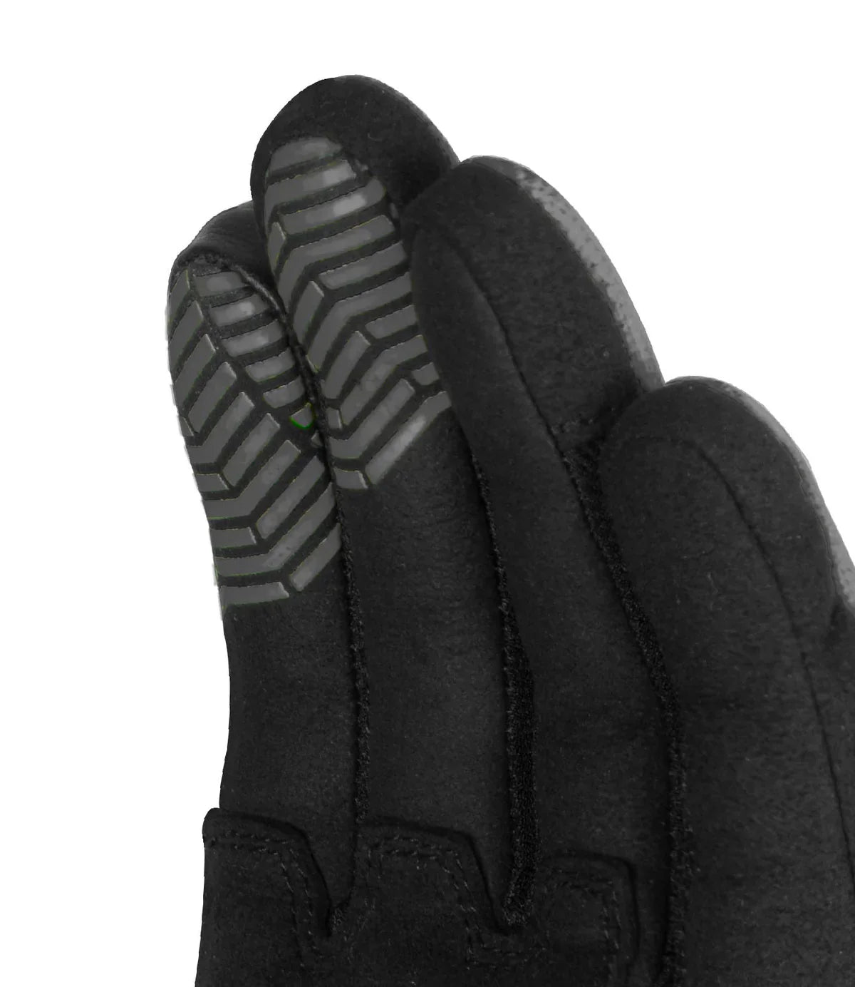 Close-up of a black glove with textured finger tips on a white background
