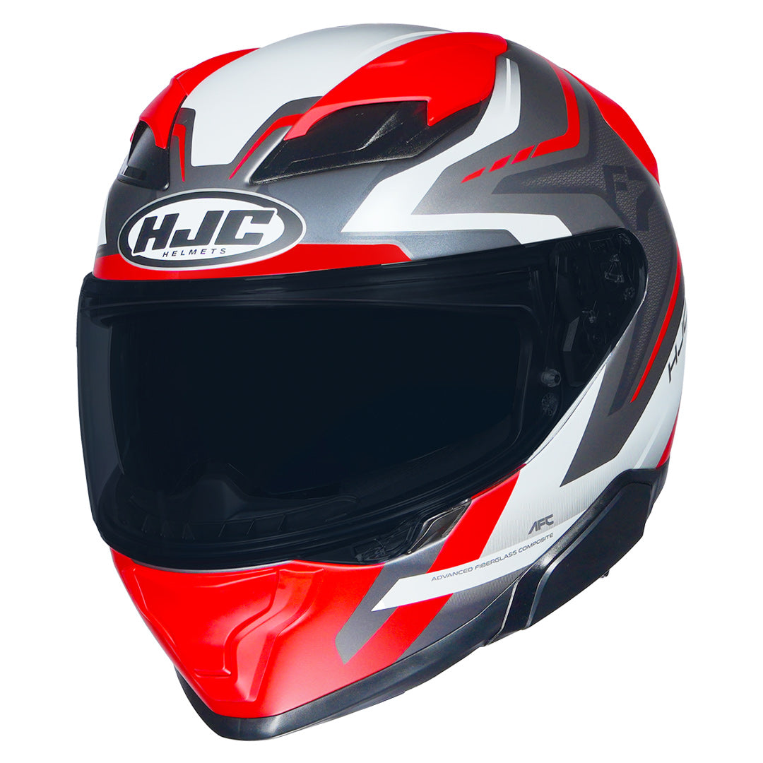 HJC F71 F7X FES full face helmet with aerodynamic design in grey white red