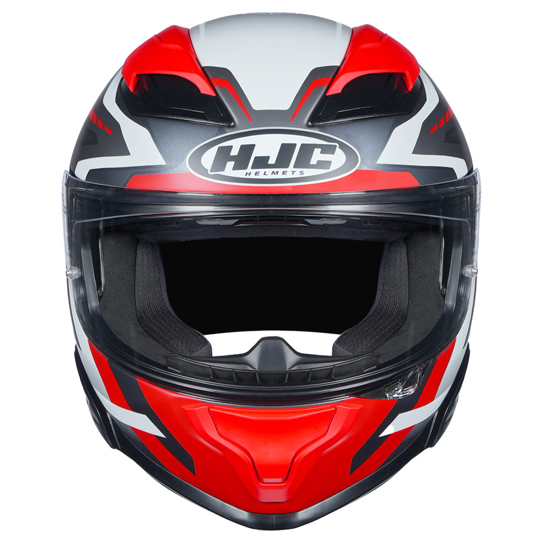 HJC F71 FES motorcycle helmet with premium graphics in grey white red