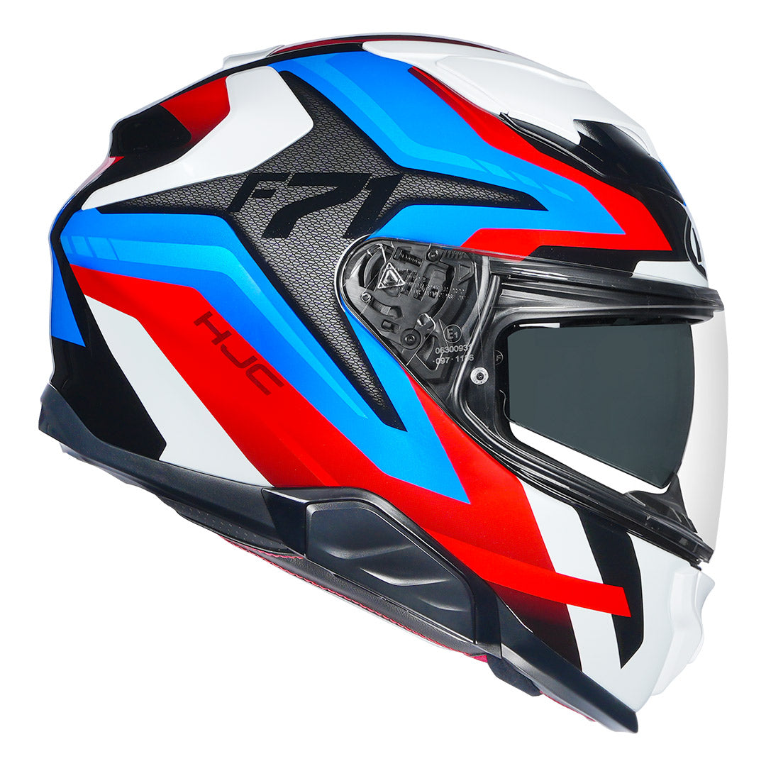 HJC F71 FES motorcycle helmet with modern graphics in white blue red