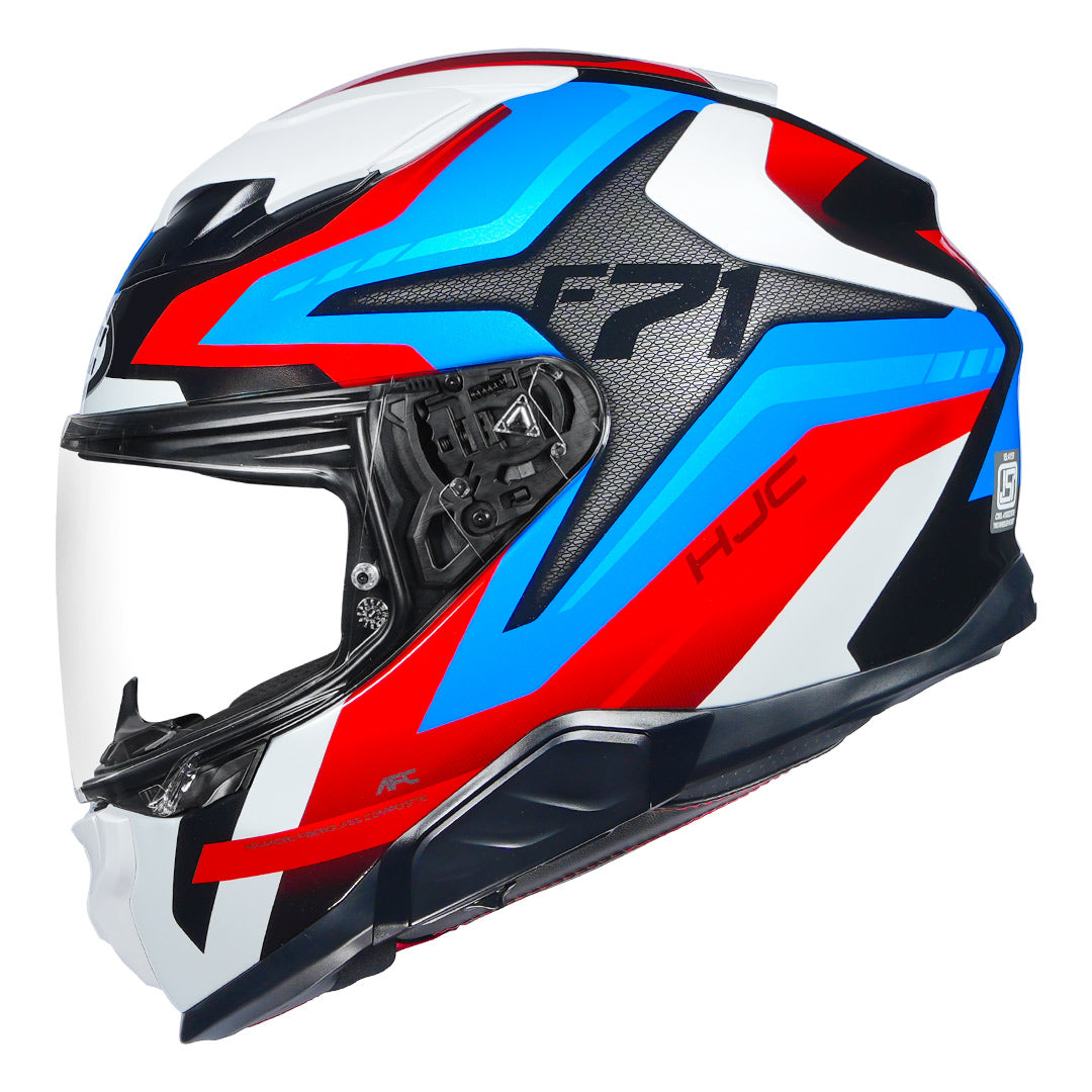 HJC F71 FES full face motorcycle helmet in white blue and red color