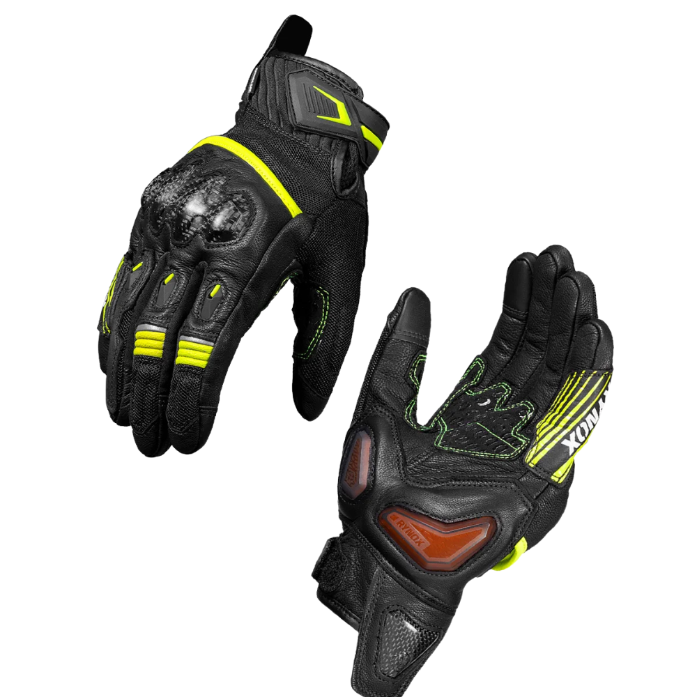 Rynox Tornado Pro 5 motorcycle gloves in black and hi-viz green with carbon-fibre knuckle protection