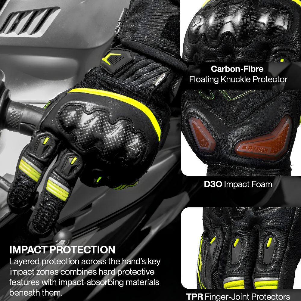Rynox Tornado Pro 5 black hi-viz green touring gloves with pre-curved fingers and Lycra gussets