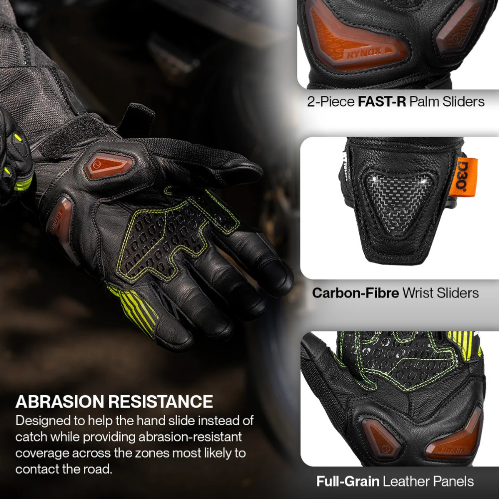 Rynox Tornado Pro 5 black hi-viz green gloves showing the carbon-fibre wrist slider